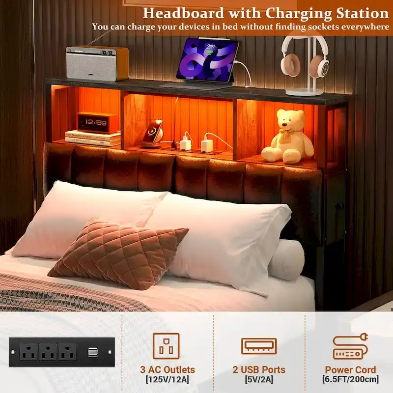 Upholstered Headboard with Hidden Drawer, Head Board with Power Outlet and LED Light