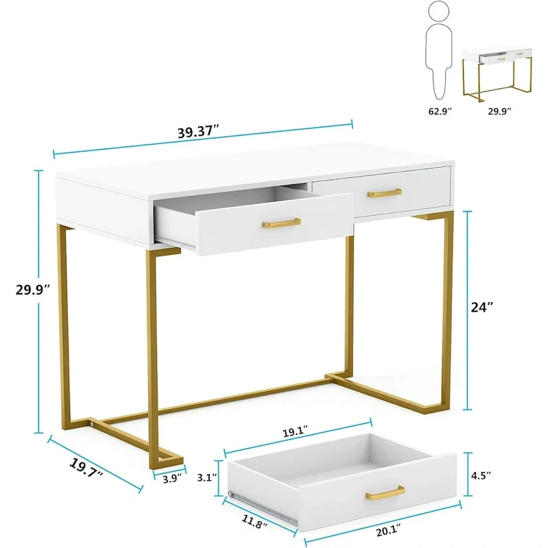 Small Desk with 2 Drawers, MDF Top & Gold Metal Frame, 39.37