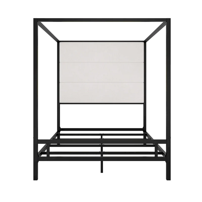 Sleek Modern Metal Canopy Bed with Tall Linen Upholstered Headboard