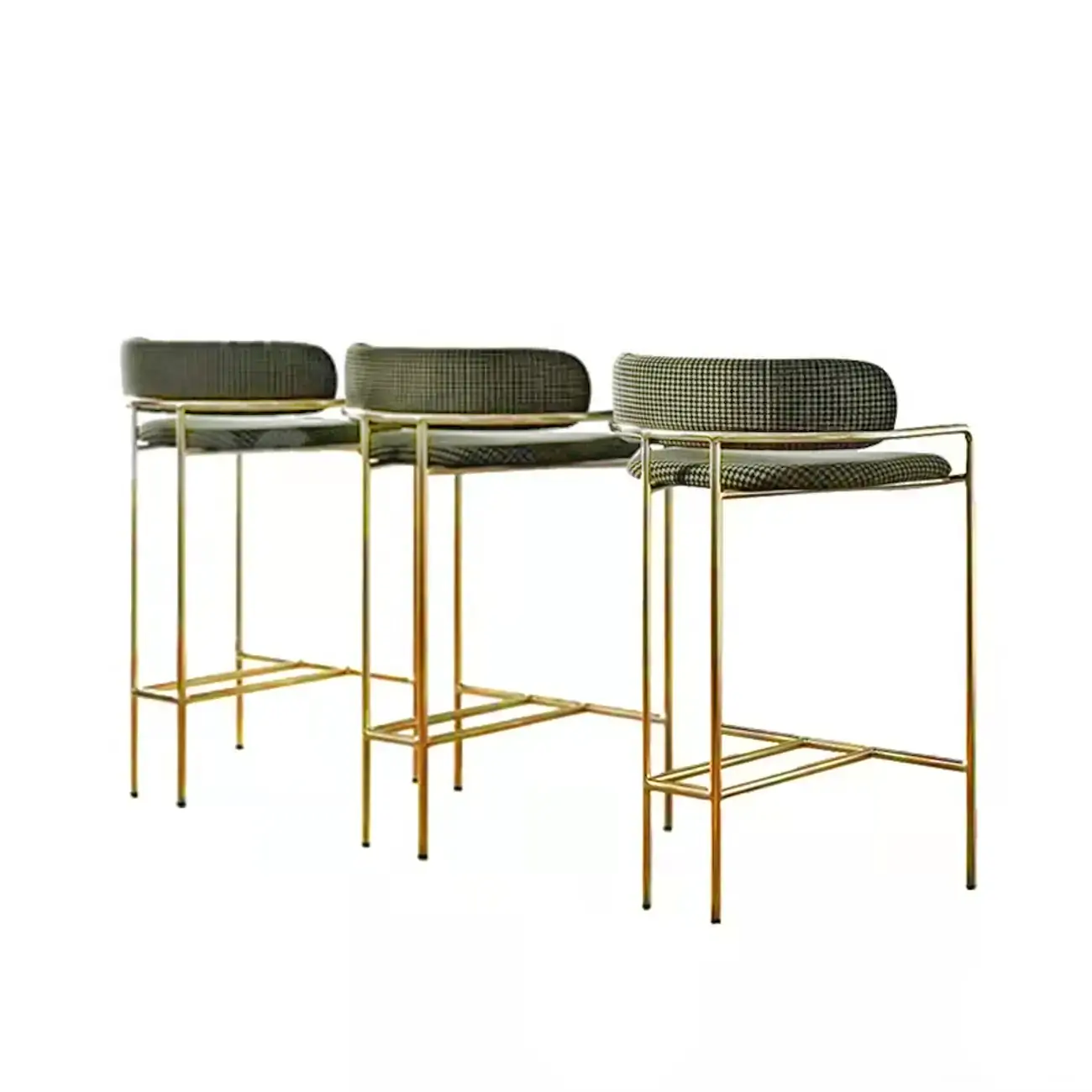Art Deco Gold Green Cotton Upholstered Bar Stool