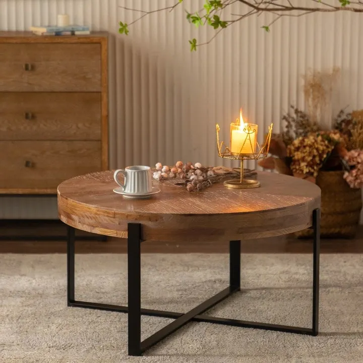 Natural Wood Round Coffee Table with Metal Cross Legs
