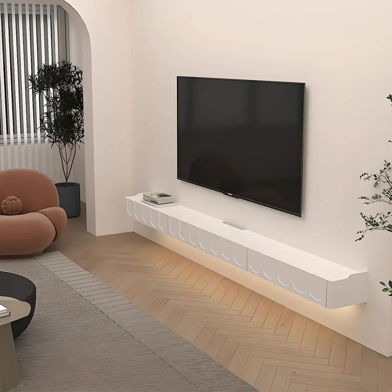 65 Long White Floating Wood U-Pattern TV Stand with Cabinet