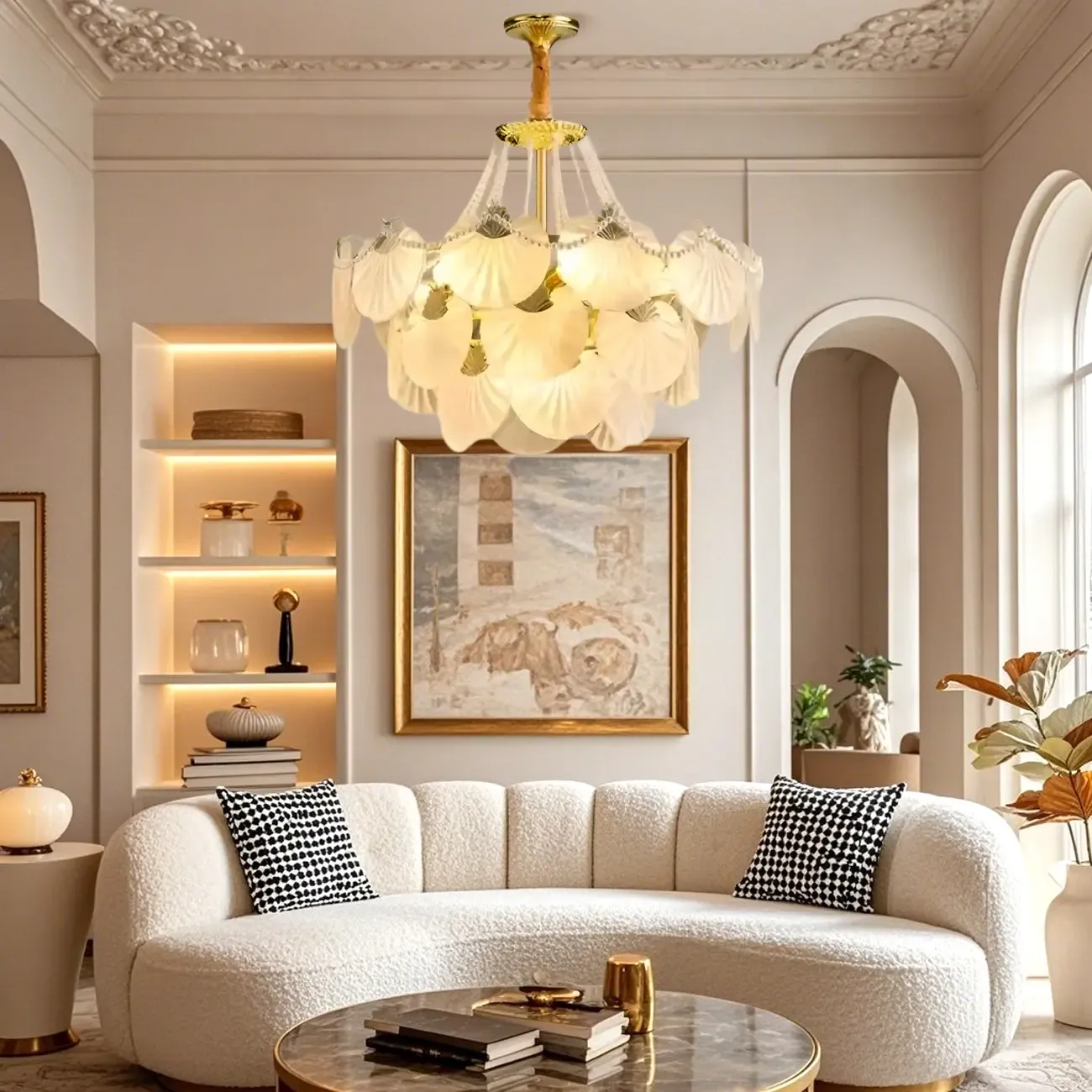 Luxury Modern Tiered Shell Chandelier with Frosted Glass