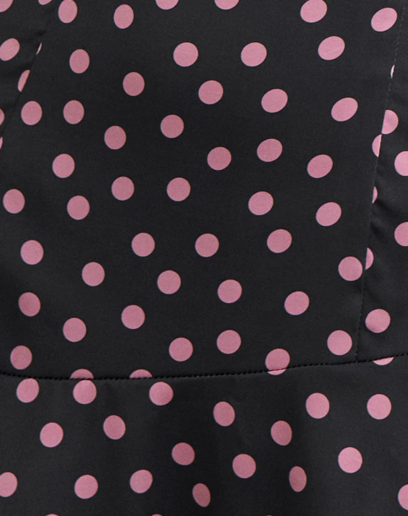 Maribel Mini Dress in Black Satin Scattered with Pink Polka