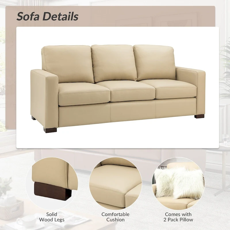Ernando 83.46 Wide Genuine Leather Sofa with Squared Arms and Pillows