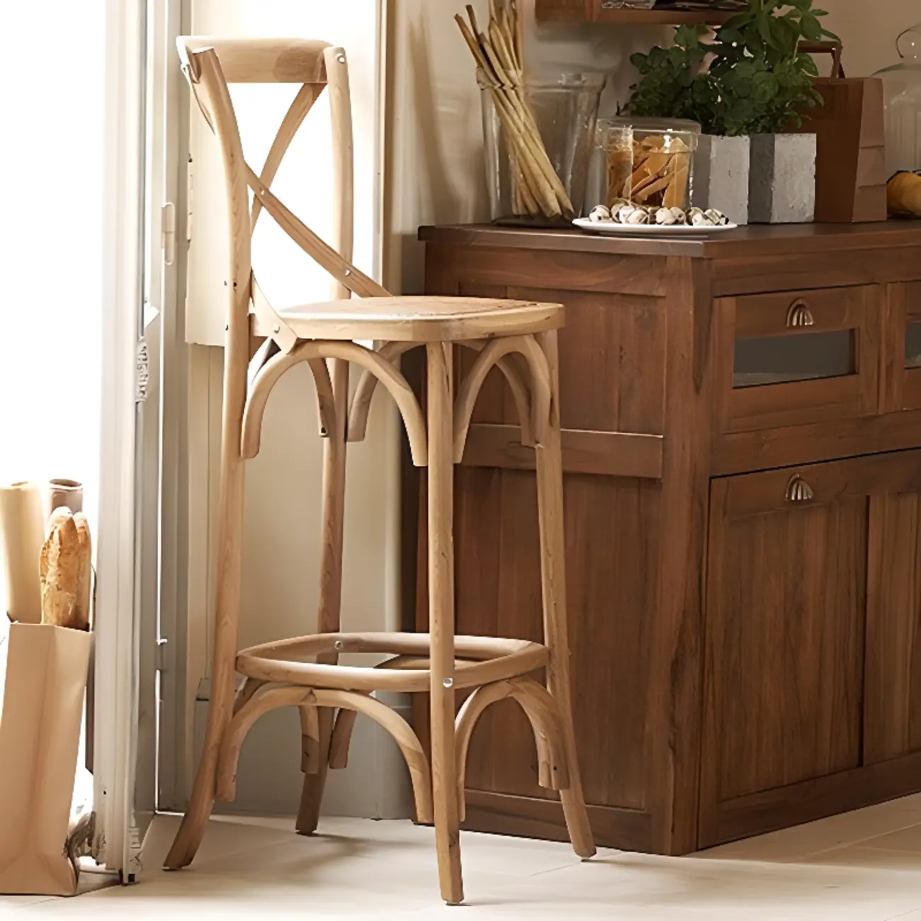 Rustic Farmhouse Wooden Square Rattan Cross Back Bar Stools