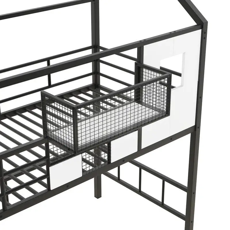 Twin Size Metal Loft Bed with roof design and a storage box