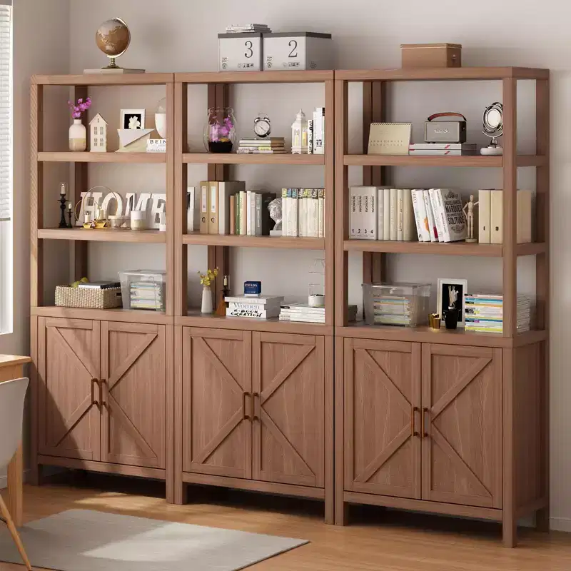 Rustic Oak Industrial 5-Tier Bookshelf with Cabinet and Drawer