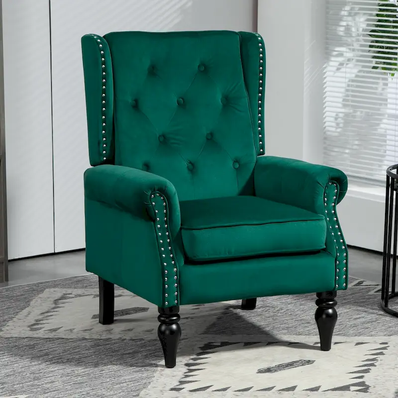 Mid-Century Velvet/Leather Upholstered Tufted Wood Frame Armchair