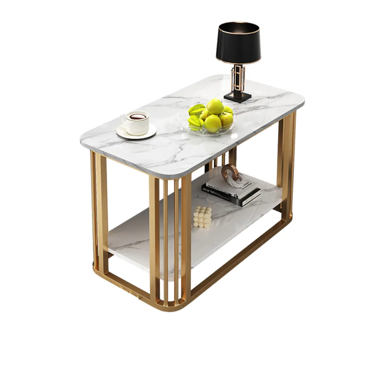 Luxury Rectangular Gold 2-Tier Coffee Table with Stone Top