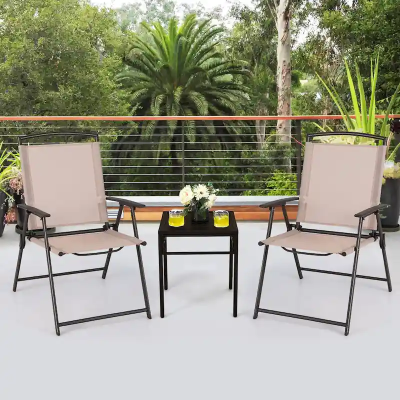 2 pcs Patio Folding Sling Dining Chairs Armrests Steel Frame