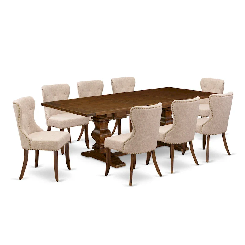Dining Table Set- a Rectangle Dinner Table and Light Tan Linen Fabric Chairs, (Pieces Option)