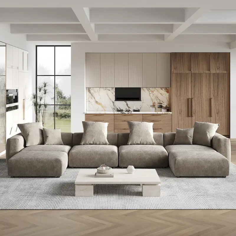 Large U-Shape Linen Reversible Modular Seating Component Sectional with 2 Ottoman