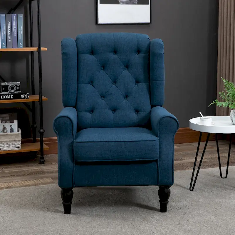 Button-Tufted Accent Chair with High Wingback, Rounded Cushioned Armrests and Thick Padded Seat, Blue