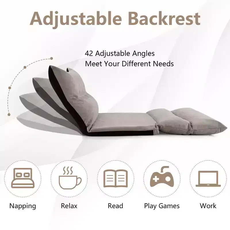 Convertible Lazy Sofa Bed with 42-Level Adjustable Backrest & 2 Lumbar Pillows Gray/Beige