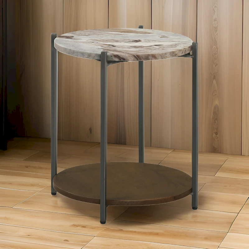 20 Inch Accent Table, Round Marble Top, 1 Shelf, Brown, Gunmetal Finish