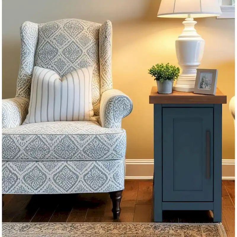 Bridgevine Home Nantucket 14 inch Chairside Table, No Assembly Required, Blue Denim and Whiskey Finish