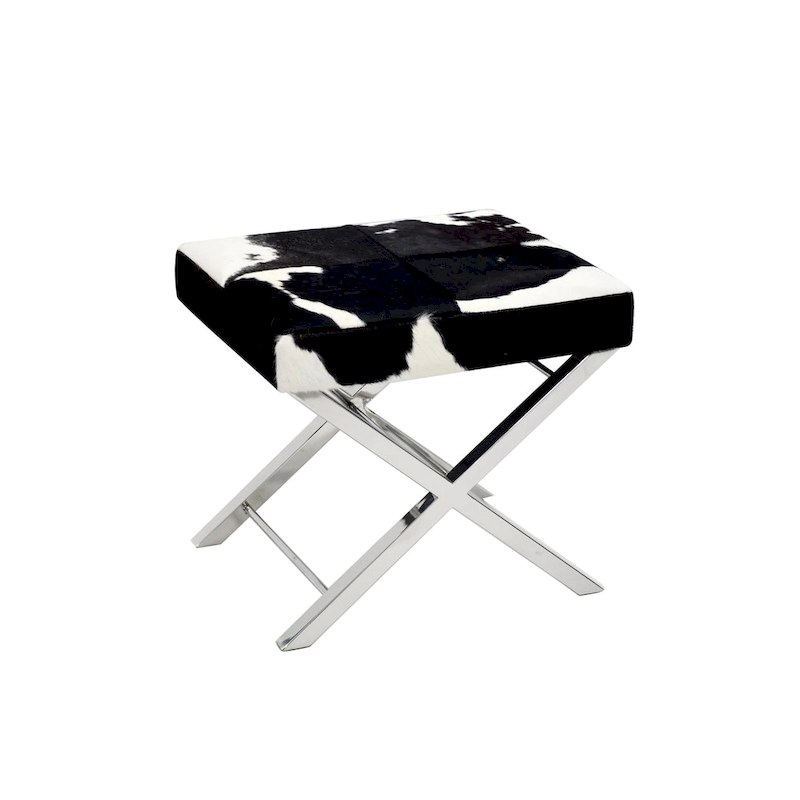 Chrome Stainless Steel Ottoman Chair with Black and White Hairline Leather
