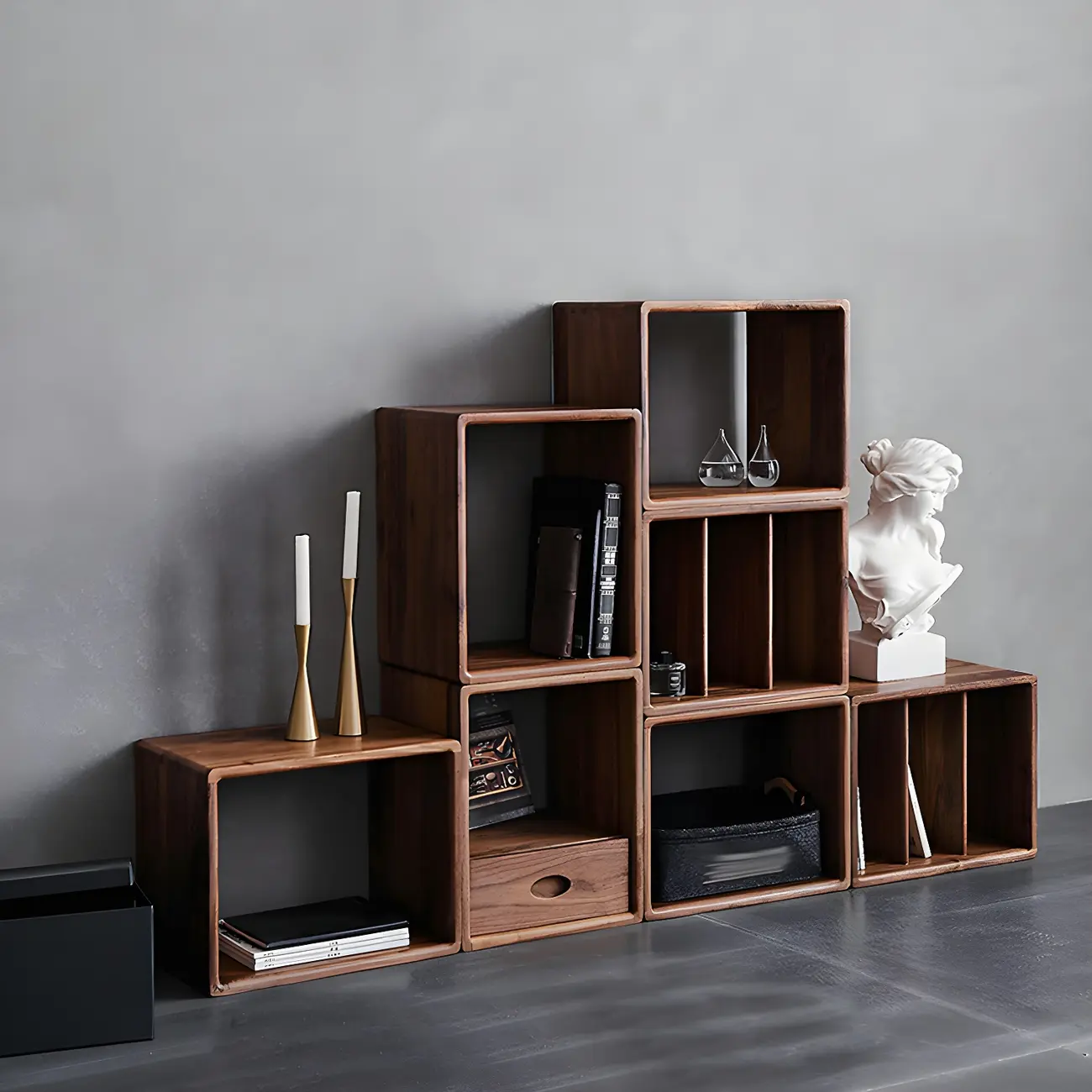 Mid-century Modern Brown Wood Cube Open Back Bookcase