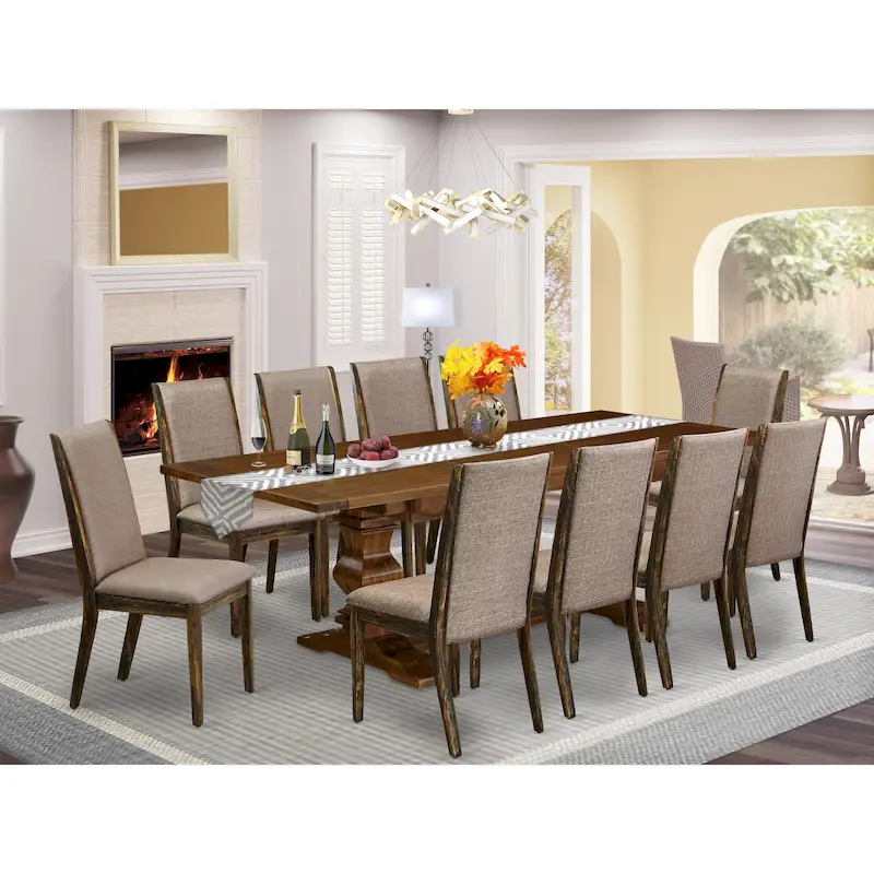 East West Furniture 11 Piece Dining Table Set- a Wooden Table and 10 Linen Fabric Upholstered Chairs(Finish Options)