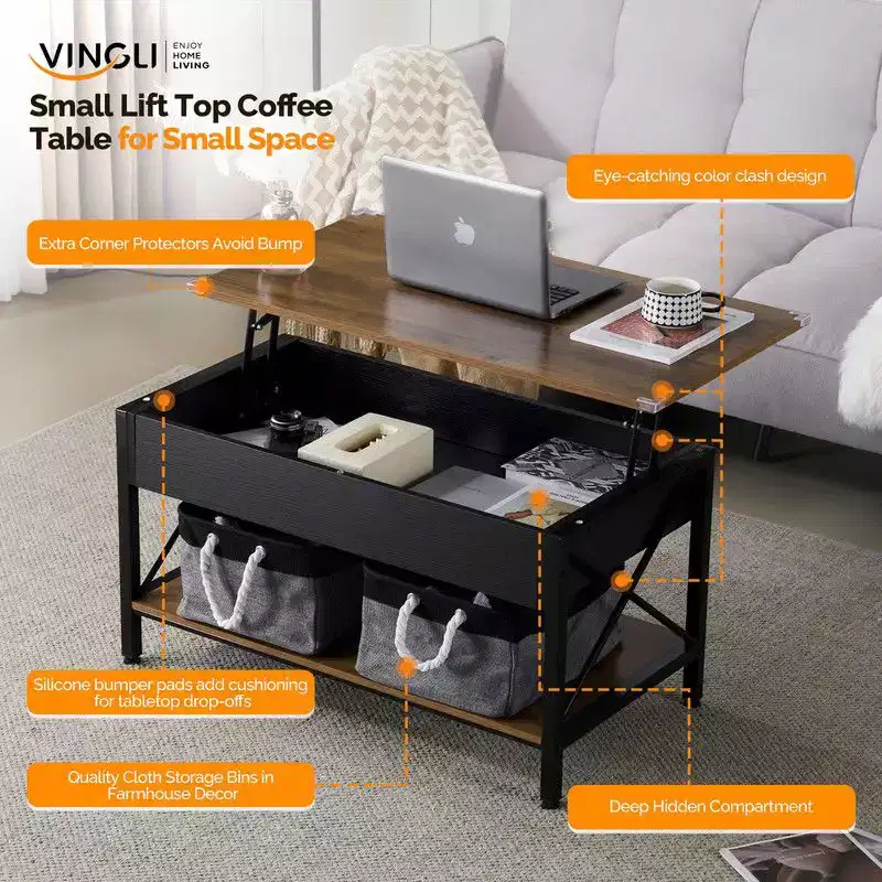Adjustable Side X-shaped Metal Frame Rectangular P2 Board Brown Panel Black Wood Grain Side Panel Coffee Table