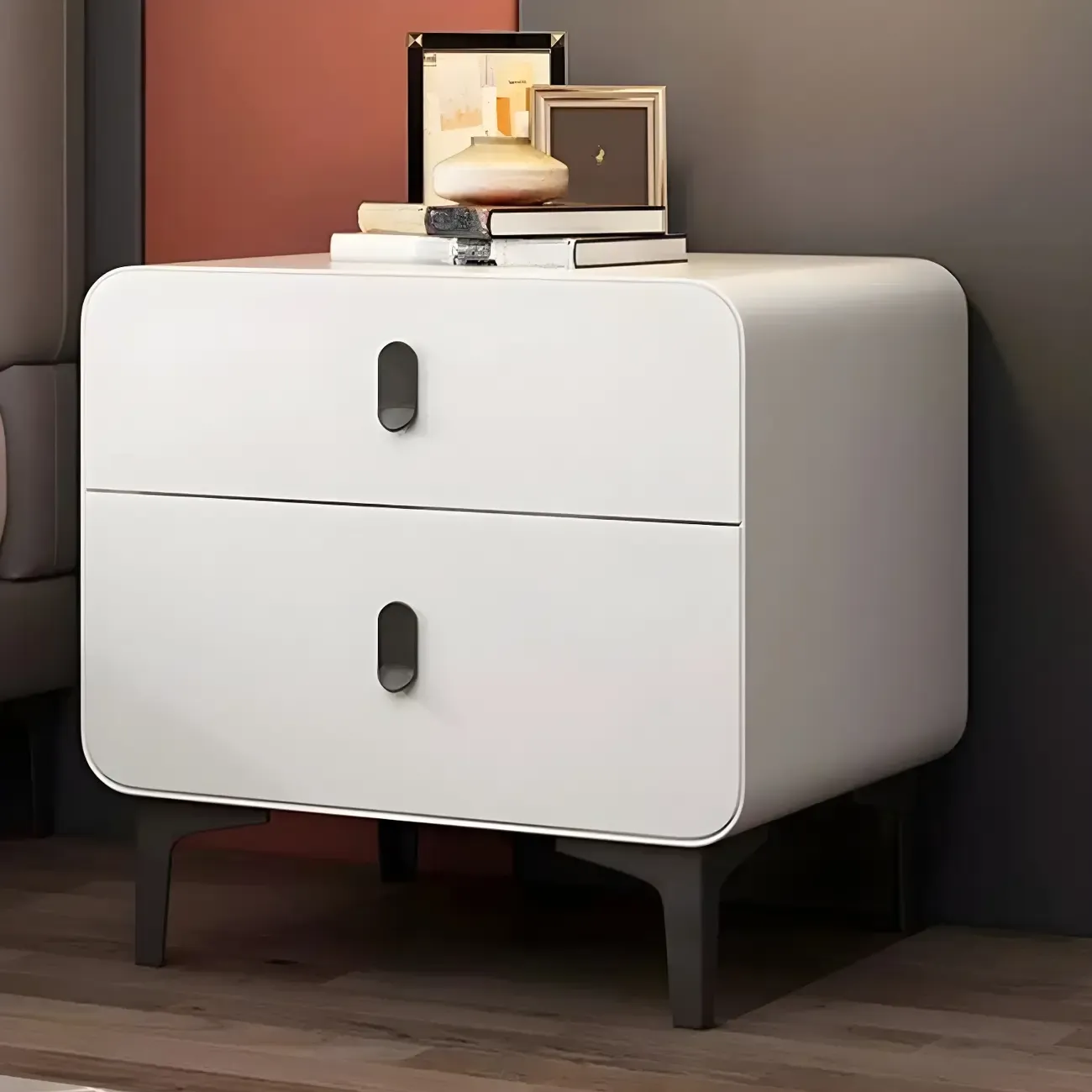 Freestanding Leather Arched Edge White Nightstand with Drawers