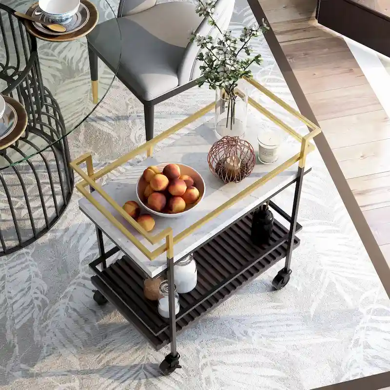 Bouvet Modern White Faux Marble and Slatted 2-Shelf Serving Cart by Furniture of America