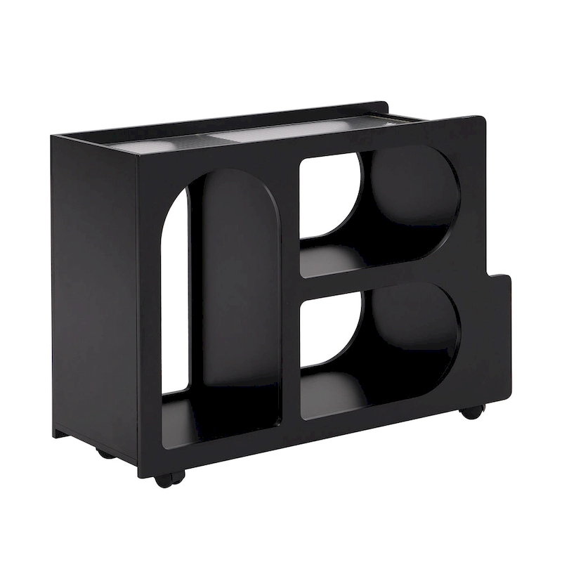 31.5 Modern Mobile End Table with 5mm Thick Fluted Tempered Glass, Lockable Wheels and Golden Round Rod