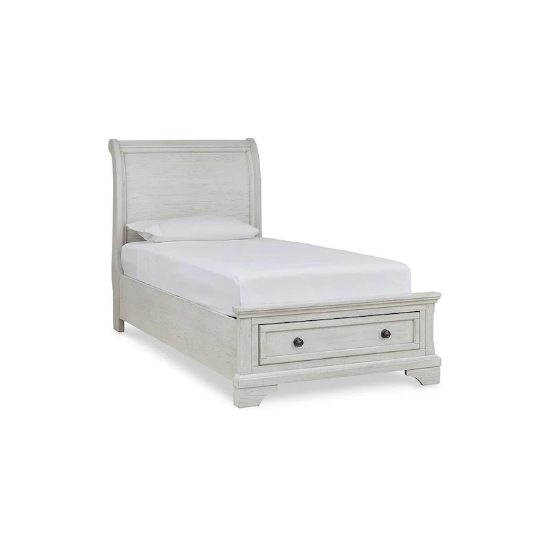 Twin Sleigh Bed with Storage Footboard – Antique White, Wood, Sleeps 1