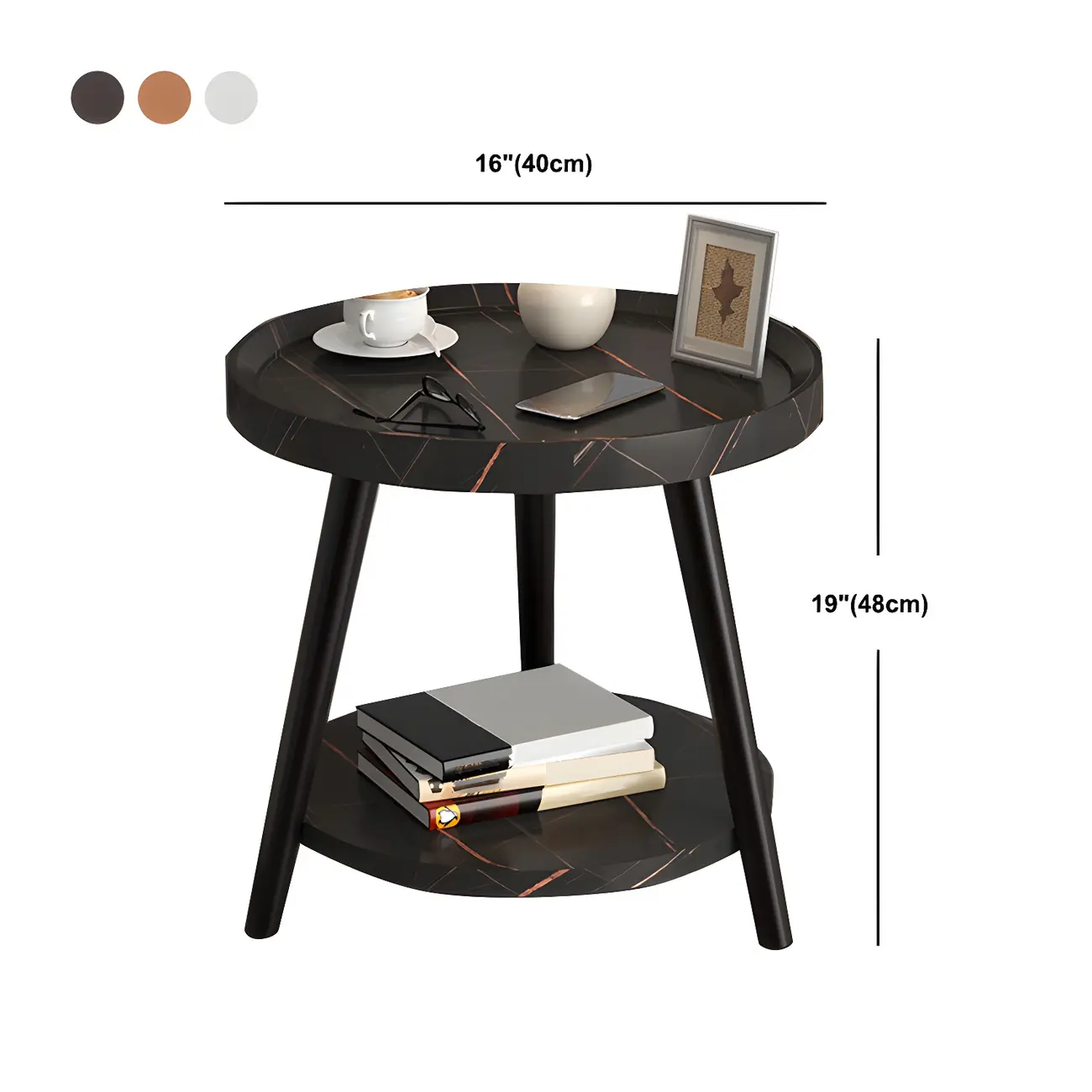 Natural Espresso Wood Small Round End Side Table with Tray Top & Shelf