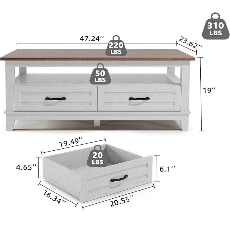 Farmhouse Coffee Table with Drawers and Open Shelf - N/A