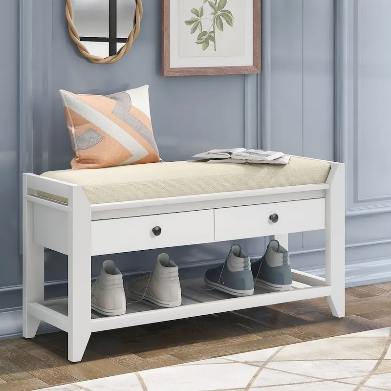 39 Modern Versatile Entry Upholstered Storage Bench with Shoe Rack and Drawers