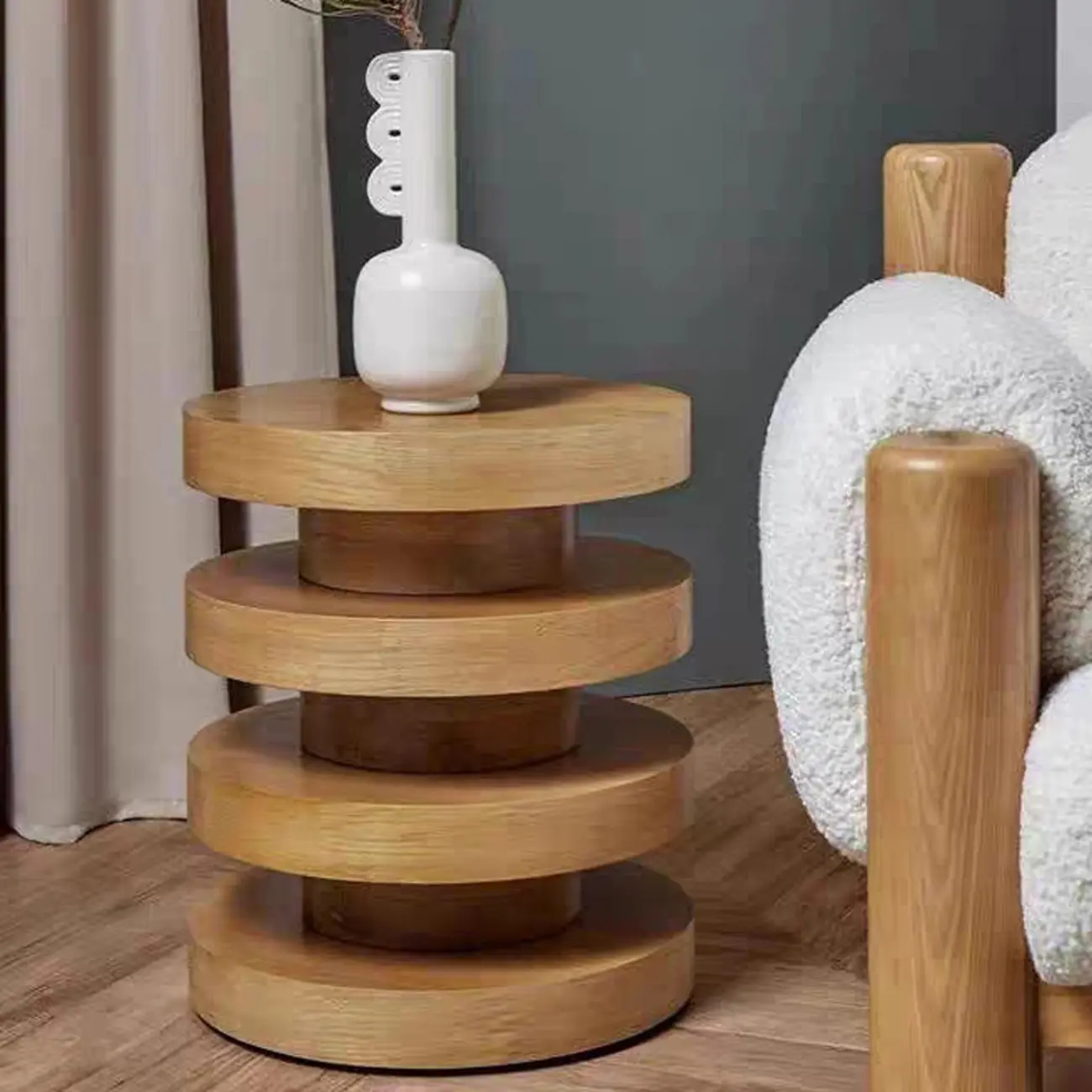 Living Room Black Circular Stacked Wood Side Table