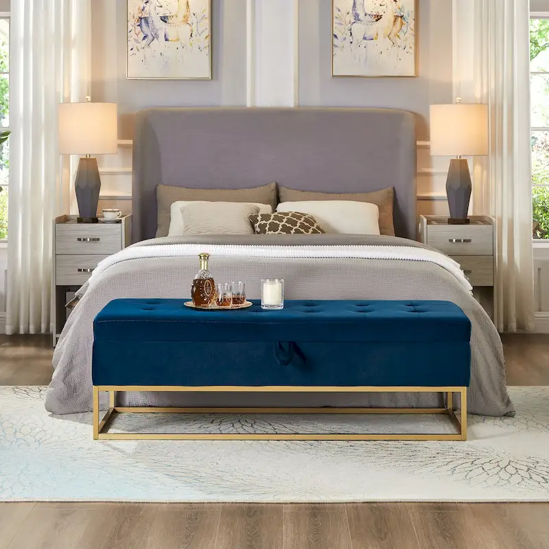 Charlotte Velvet Tufted Storage Bench with Metal Base