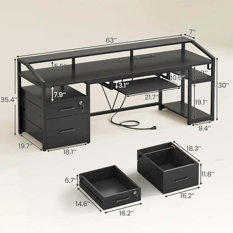 LED Computer Desk With Lock Drawers Keyboard Tray Power Outlet