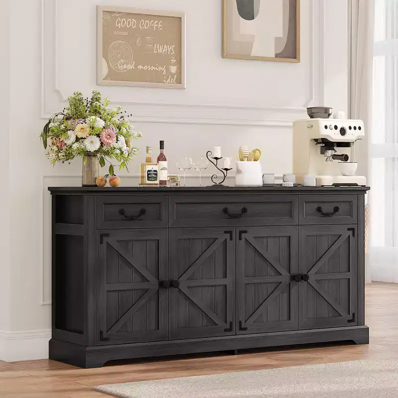 65-Inch Buffet Storage Cabinet, Gray/White, 3 Drawers & 4 Doors