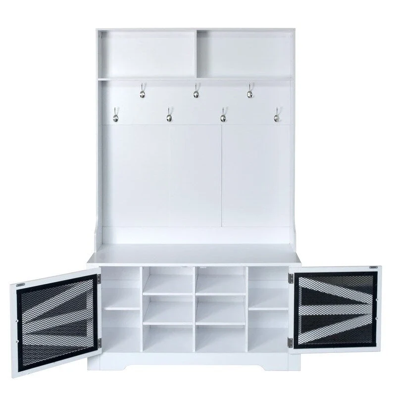 Wide Hall Tree with 10 Shoe Cubbies & 7 Coat Hooks, 43 W Coat Rack with Entryway Bench, 3-in-1 Design and Adjustable Shelves