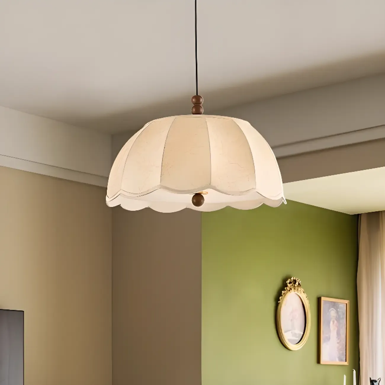 Modern Floral Beige Fabric Dome Pendant Light