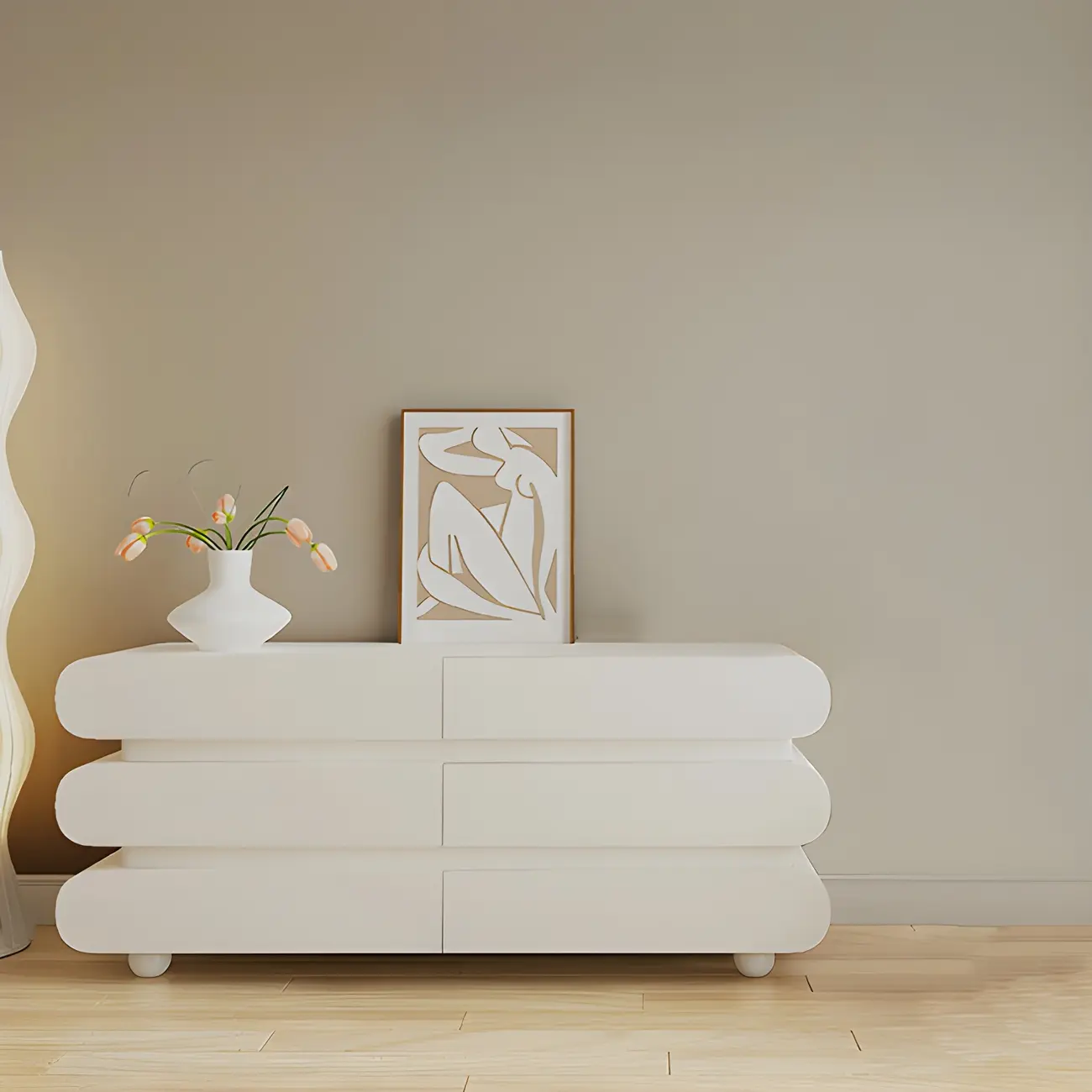 Glam White Oval Wooden Double Dresser with Soft Close Drawers