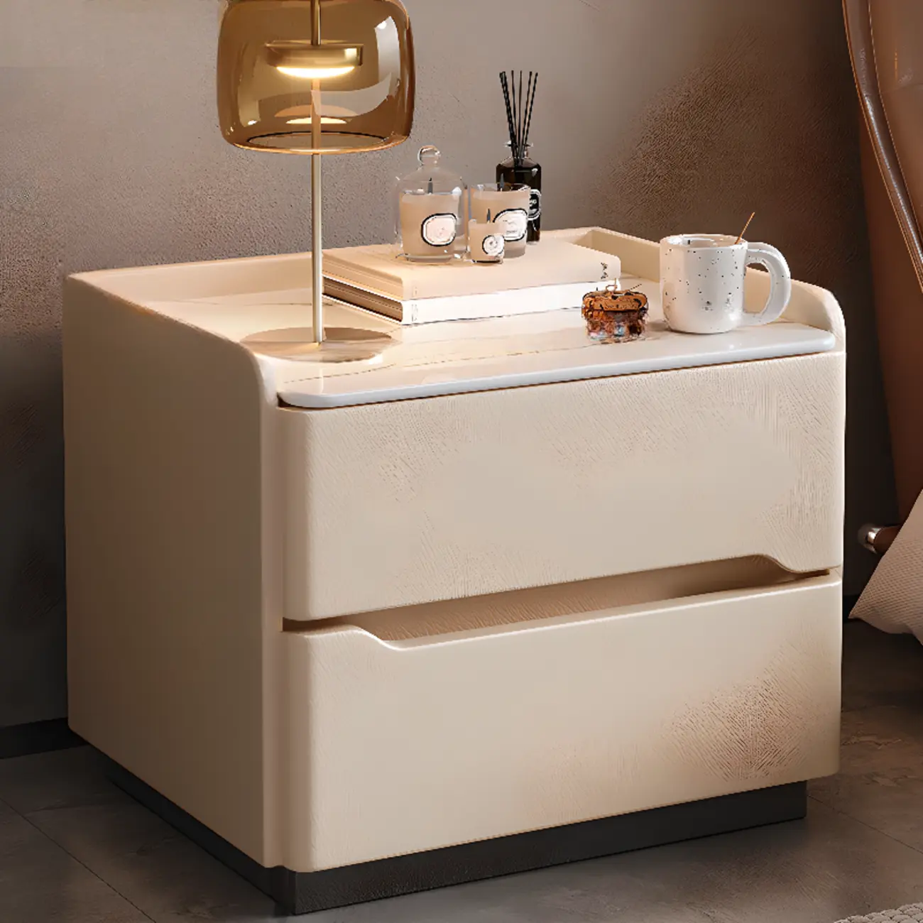 Modern Leather Tray Stone Top 2 Drawers Nightstand