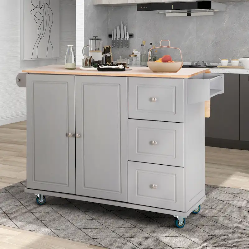 Kitchen Island Cart with Drop-Leaf and Rubber Wood Top, Rolling Kitchen Trolley Cart Cabinet