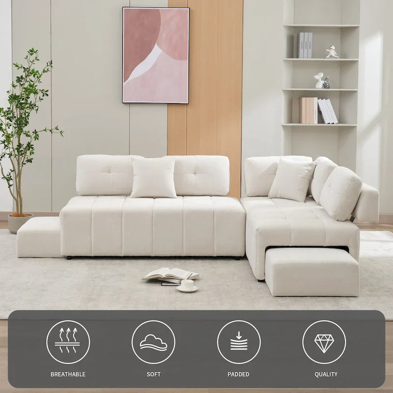 91.73 L-Shaped 4 Seater Sectional Sofa with 2 Hidden Stools, 2 Removable Lumbar Pillows, and Durable Chenille Upholstery