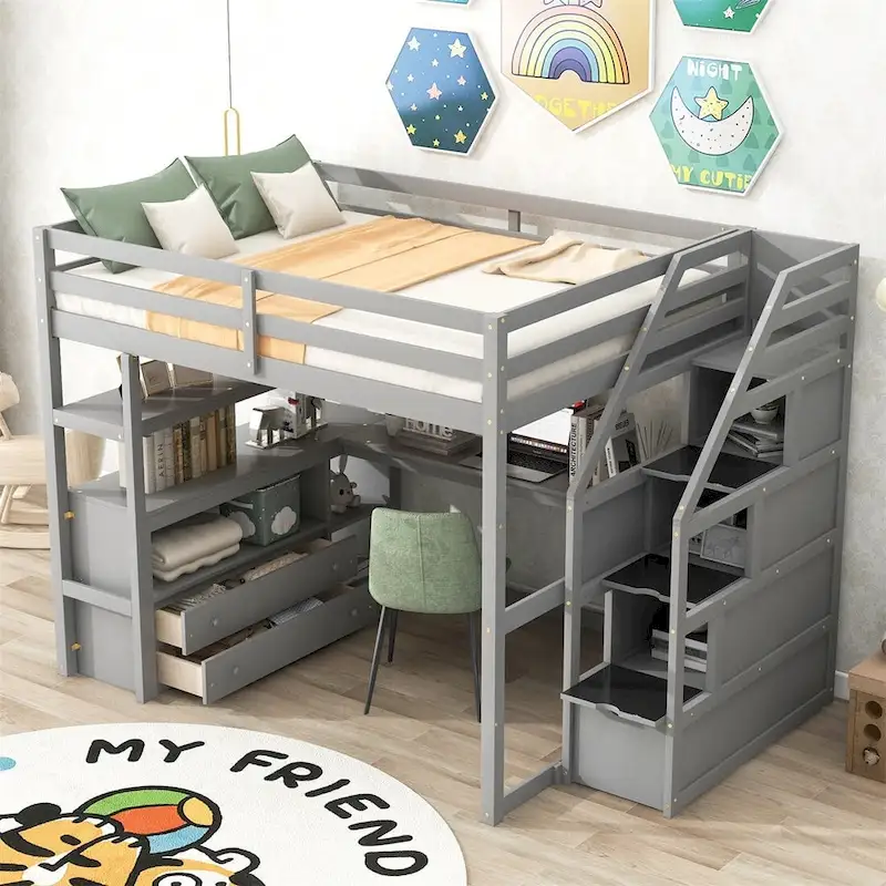 Merax Loft Bed with Desk and Shelves