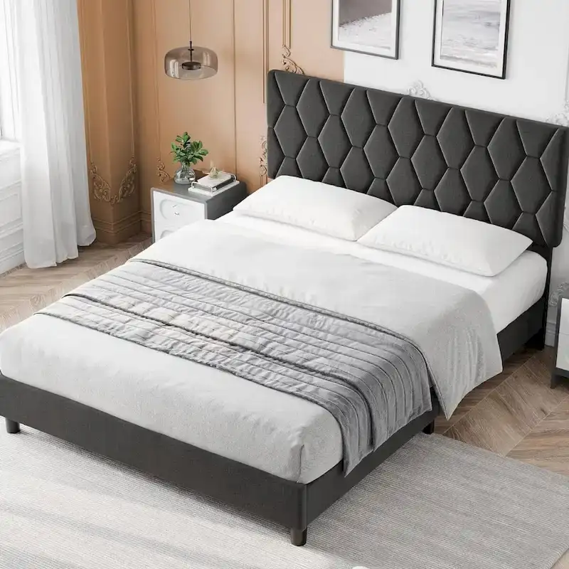 Upholstered Platform Bed Frame with Adjustable Headboard