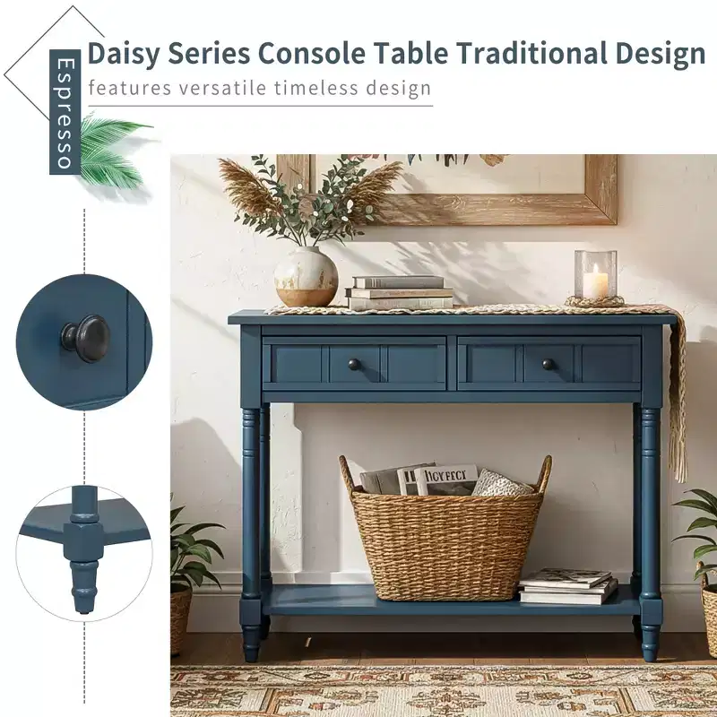 GDFStudio Darren Traditional Entryway Console Table with 2 Drawers and Bottom Shelf
