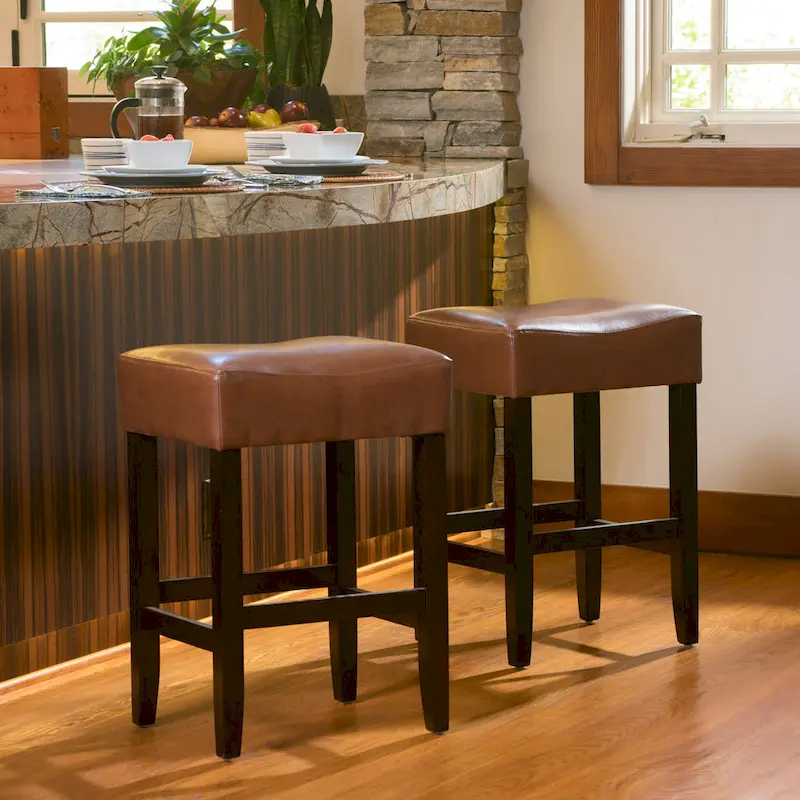 Modern 26.75 Set of 2 Bar Stools with Leather Seat, Backless Design, Solid Wood Legs for Bar Dining Room Living Room