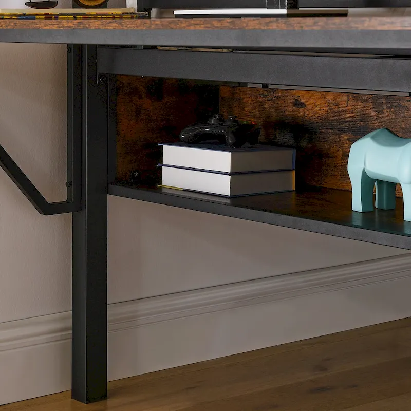 Black+Brown Full Size Metal Loft Bed with Rectangular Desk and Storage