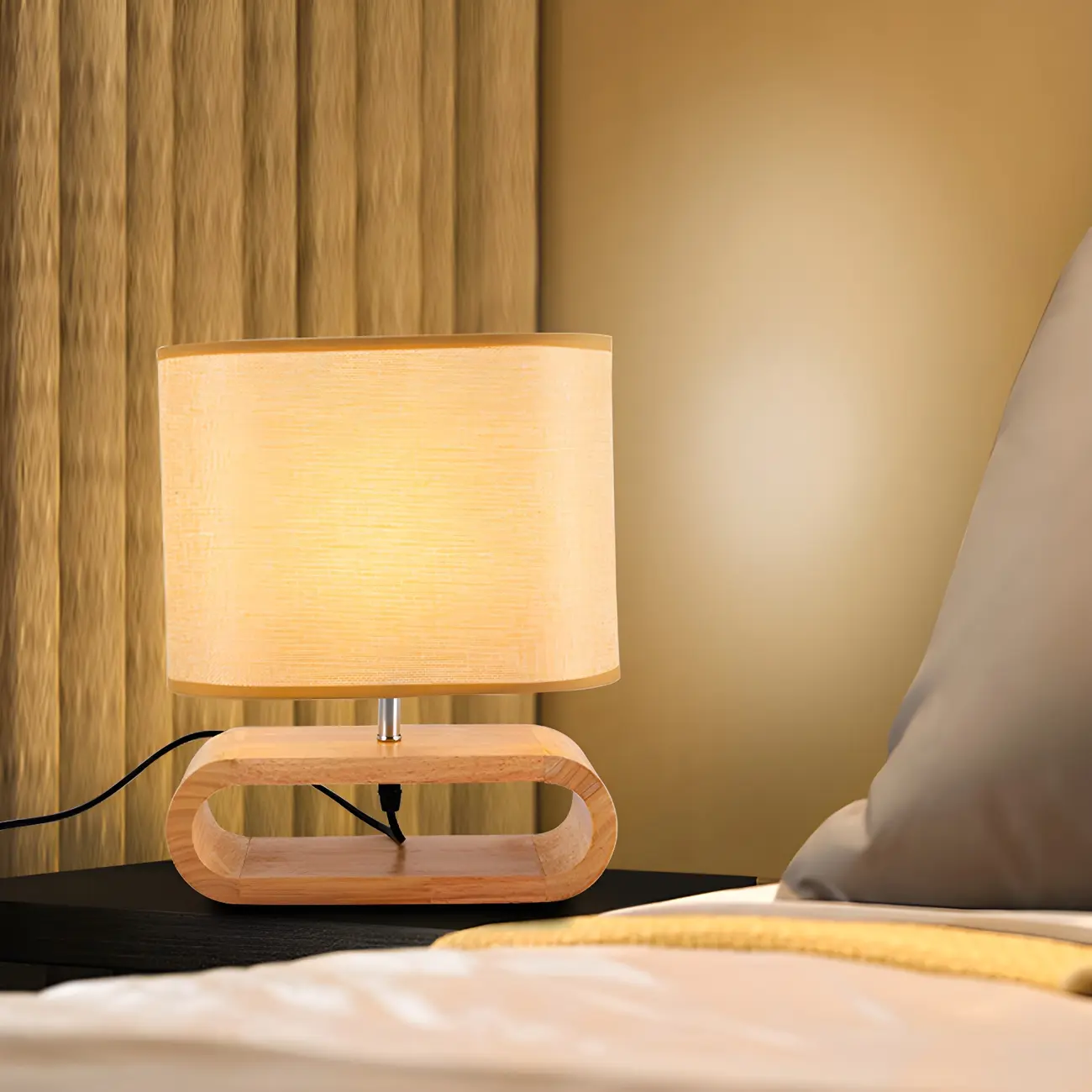 Bedside Wood LED Plug In Table Lamp in Fabric Shade