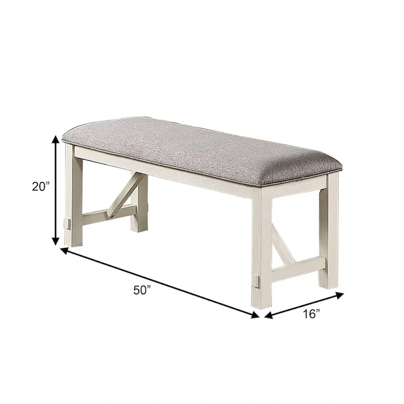 Lexi 50 Inch Dining Bench, Fabric Padded Seat, Rubberwood, Gray and White