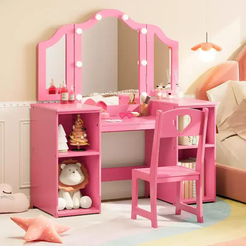 Garvee Kids Vanity Table Set, Princess Makeup Desk & Chair Set with touch Light Detachable Tri-Folding Mirror,Pretend Play Vanity Set